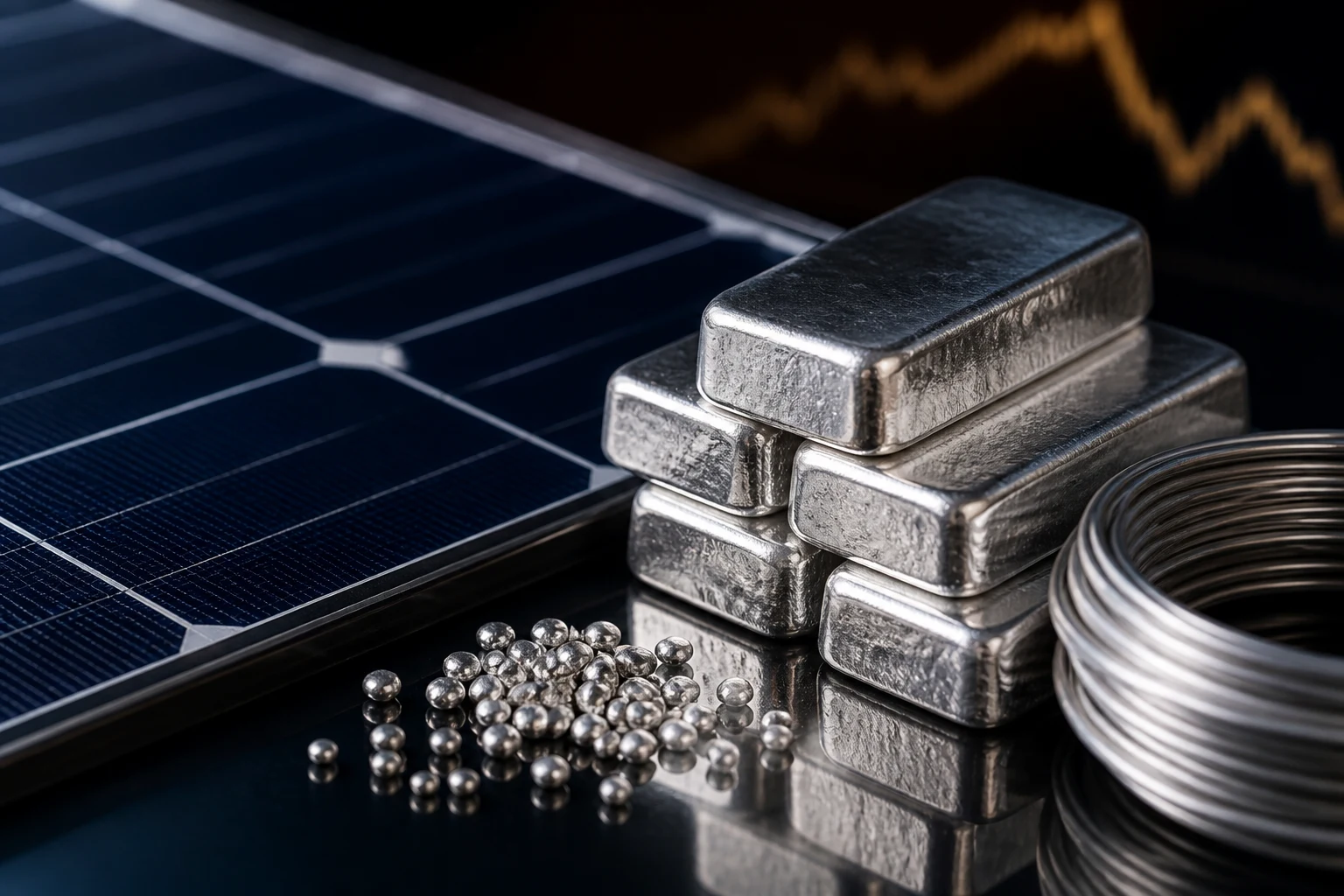 Silver bullion, industrial silver and photovoltaic cells illustrating silver market demand